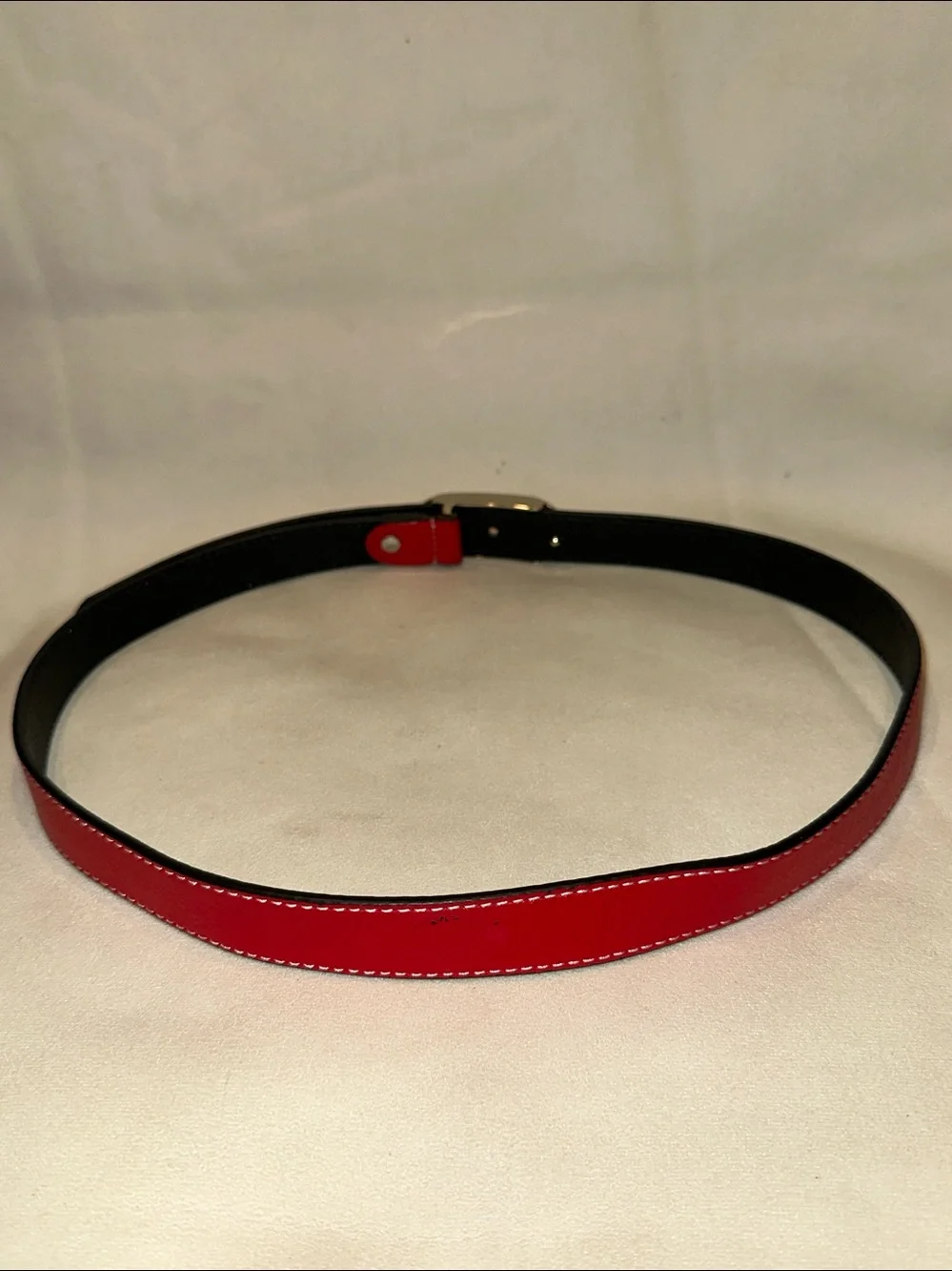 Tod's True Red Leather Belt with Silver Logo Engraved Buckle & White Stitching
